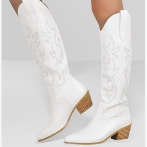 STALOV White cowgirl western boots, white calf knee-high